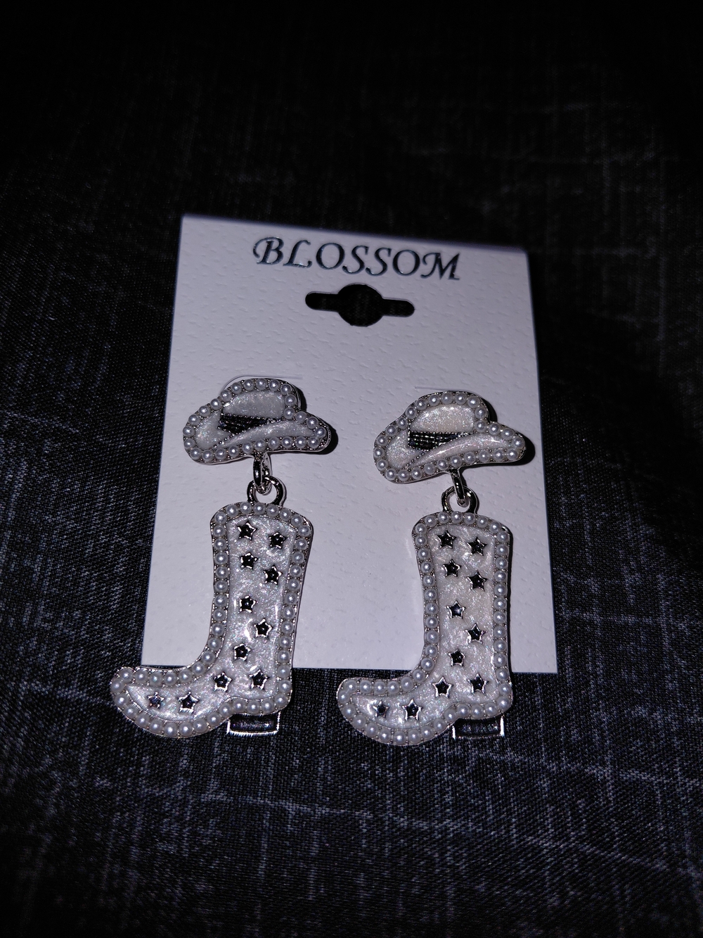 White Pearl Cowboy Boot & Hat Drop Earrings